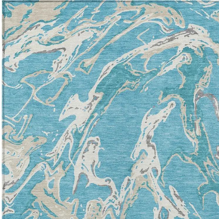 3' X 5' Teal Blue Ivory And Gray Abstract Washable Indoor Outdoor Area Rug