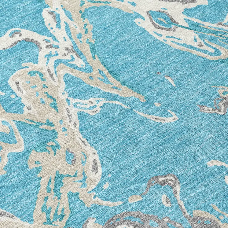 3' X 5' Teal Blue Ivory And Gray Abstract Washable Indoor Outdoor Area Rug