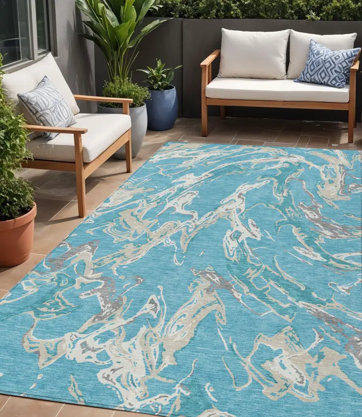 5' X 8' Teal Blue Ivory And Gray Abstract Washable Indoor Outdoor Area Rug