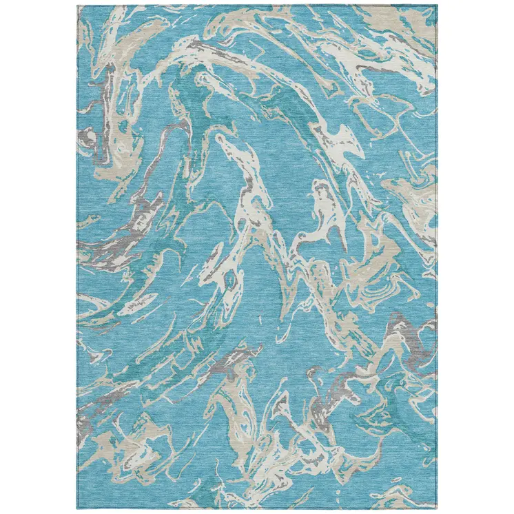 5' X 8' Teal Blue Ivory And Gray Abstract Washable Indoor Outdoor Area Rug