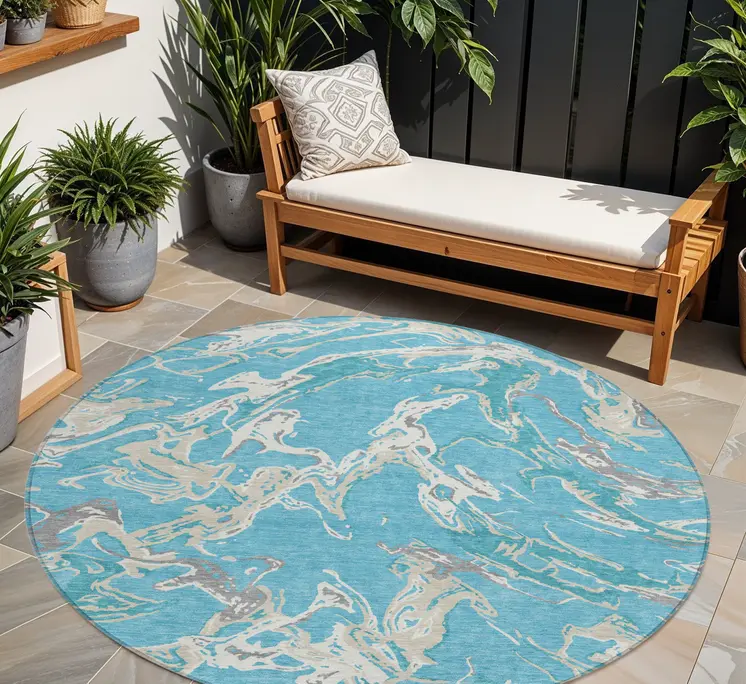 8' Teal Blue Ivory And Gray Round Abstract Washable Indoor Outdoor Area Rug