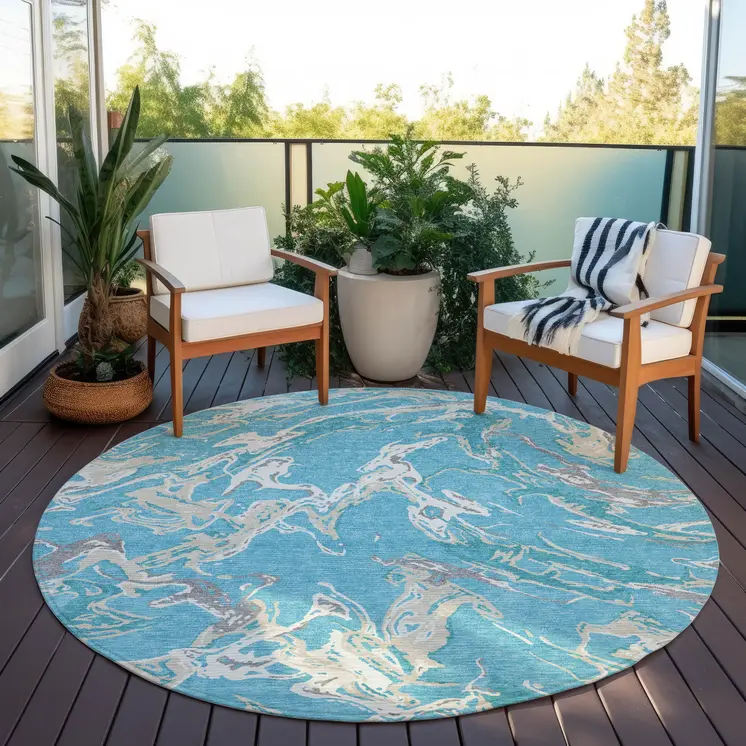 8' Teal Blue Ivory And Gray Round Abstract Washable Indoor Outdoor Area Rug