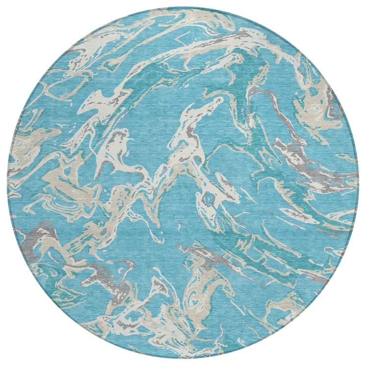 8' Teal Blue Ivory And Gray Round Abstract Washable Indoor Outdoor Area Rug