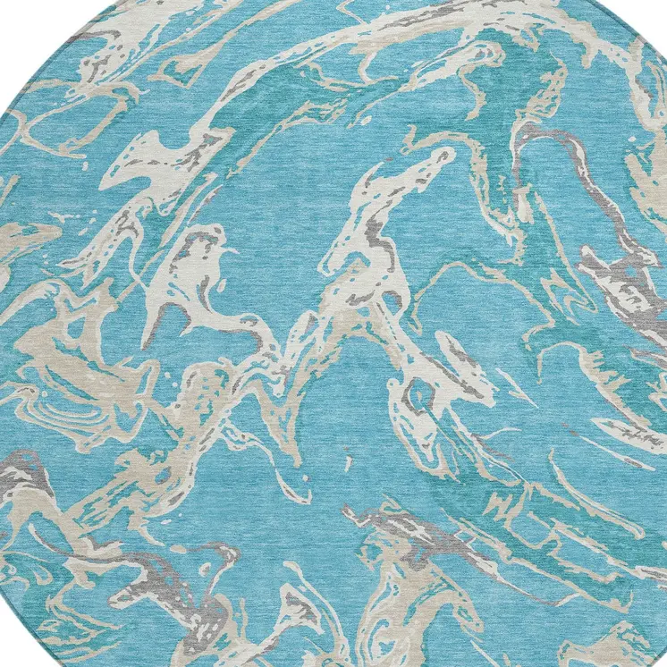 8' Teal Blue Ivory And Gray Round Abstract Washable Indoor Outdoor Area Rug