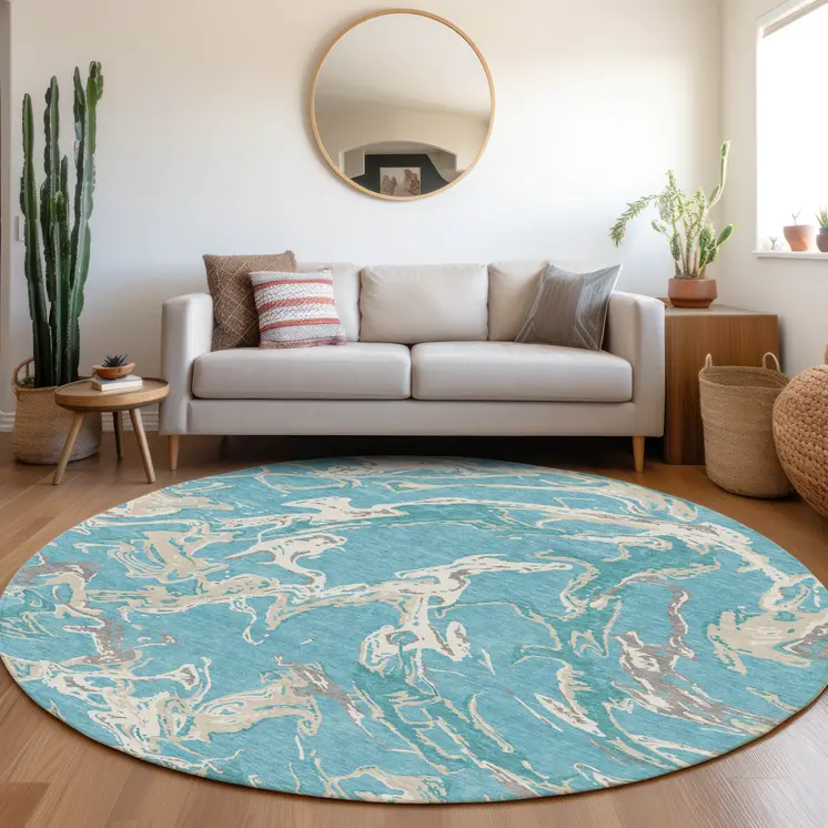 8' Teal Blue Ivory And Gray Round Abstract Washable Indoor Outdoor Area Rug