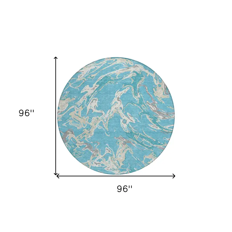8' Teal Blue Ivory And Gray Round Abstract Washable Indoor Outdoor Area Rug