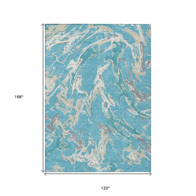 10' X 14' Teal Blue Ivory And Gray Abstract Washable Indoor Outdoor Area Rug