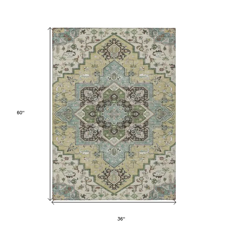 3' X 5' Beige Green And Brown Oriental Washable Indoor Outdoor Area Rug