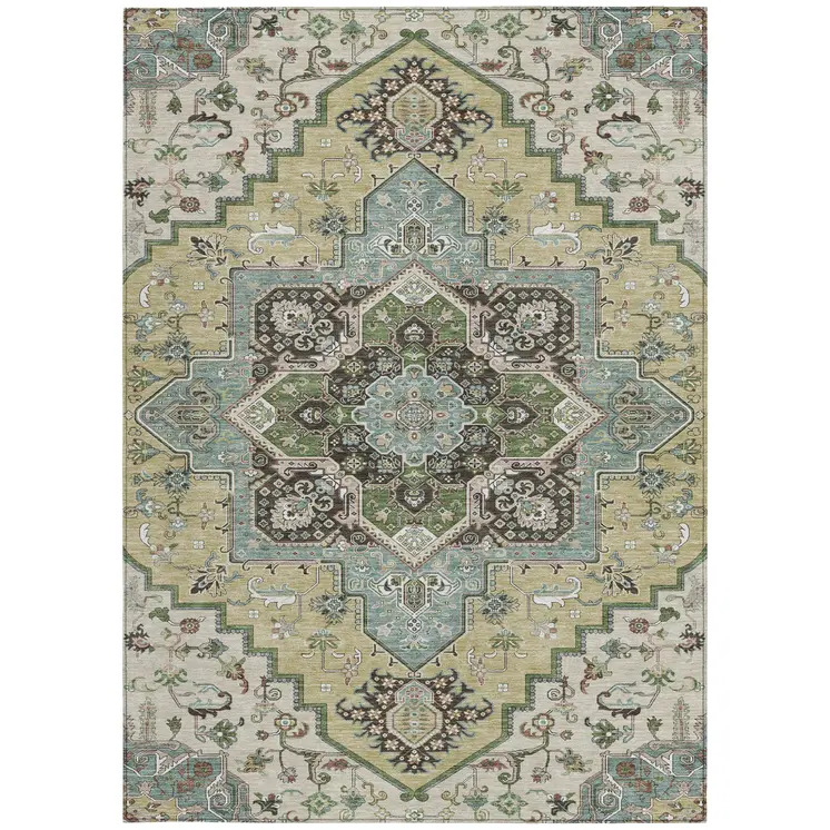 3' X 5' Beige Green And Brown Oriental Washable Indoor Outdoor Area Rug