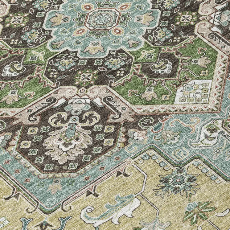 3' X 5' Beige Green And Brown Oriental Washable Indoor Outdoor Area Rug