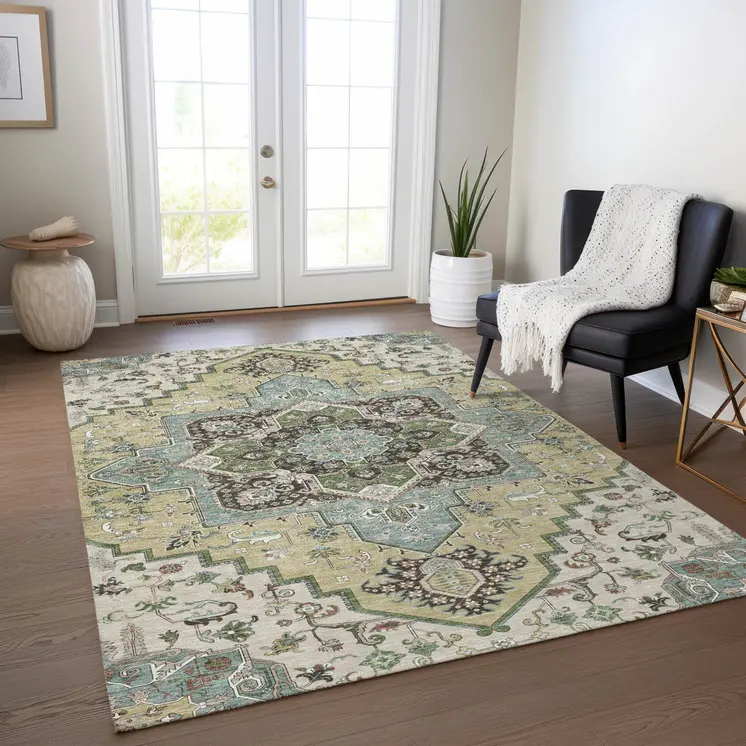 3' X 5' Beige Green And Brown Oriental Washable Indoor Outdoor Area Rug
