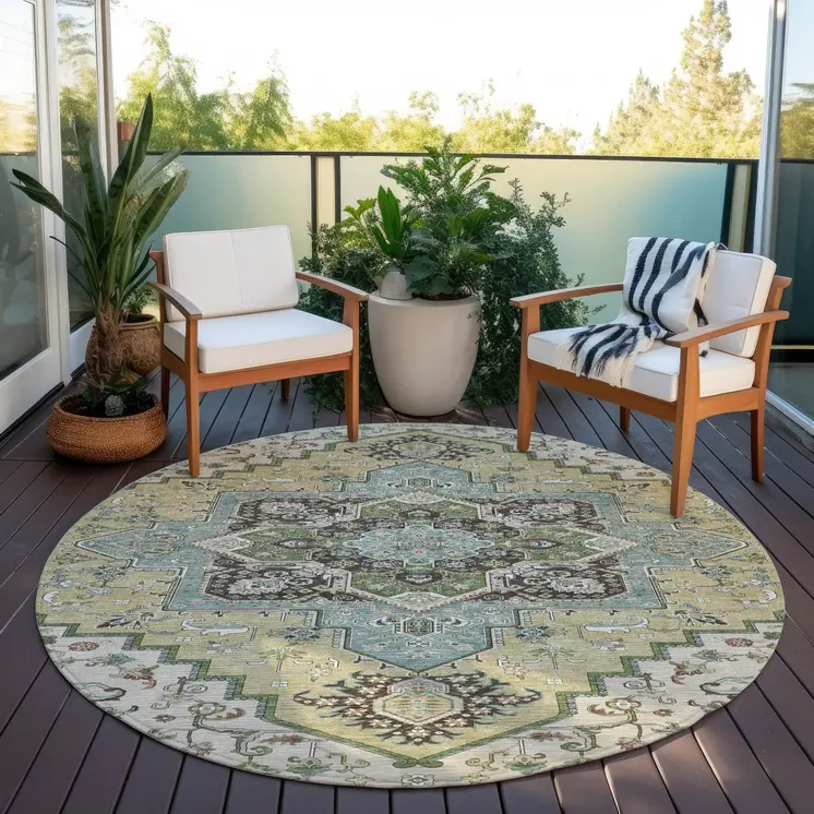 8' Beige Green And Brown Round Oriental Washable Indoor Outdoor Area Rug