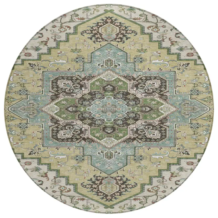 8' Beige Green And Brown Round Oriental Washable Indoor Outdoor Area Rug
