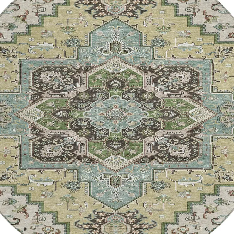 8' Beige Green And Brown Round Oriental Washable Indoor Outdoor Area Rug