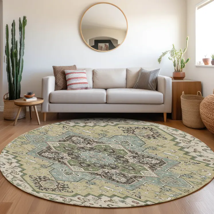 8' Beige Green And Brown Round Oriental Washable Indoor Outdoor Area Rug