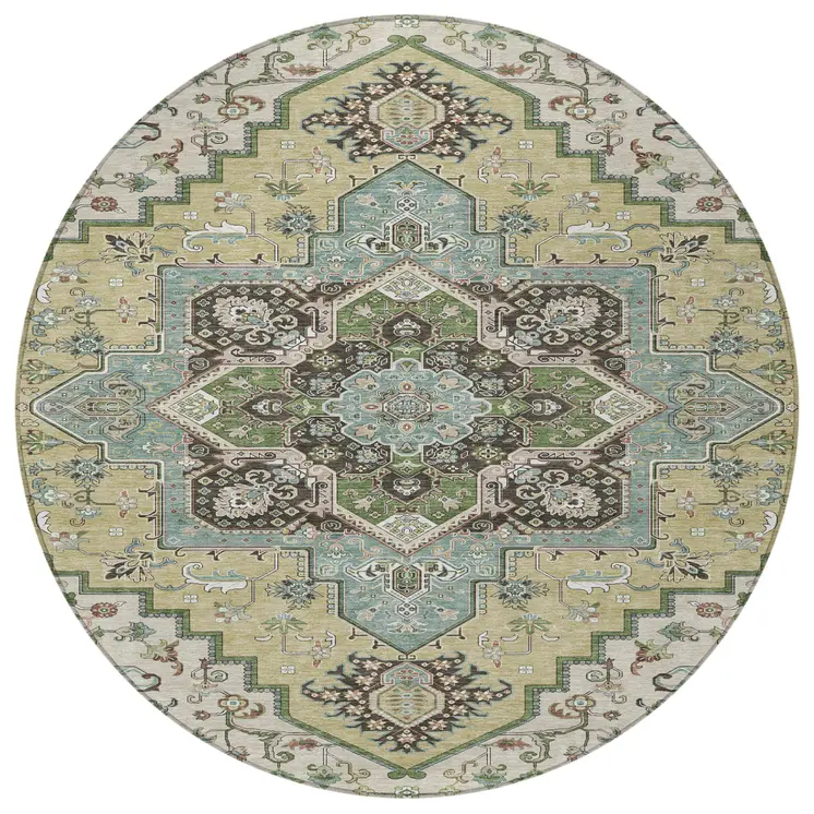 8' Beige Green And Brown Round Oriental Washable Indoor Outdoor Area Rug