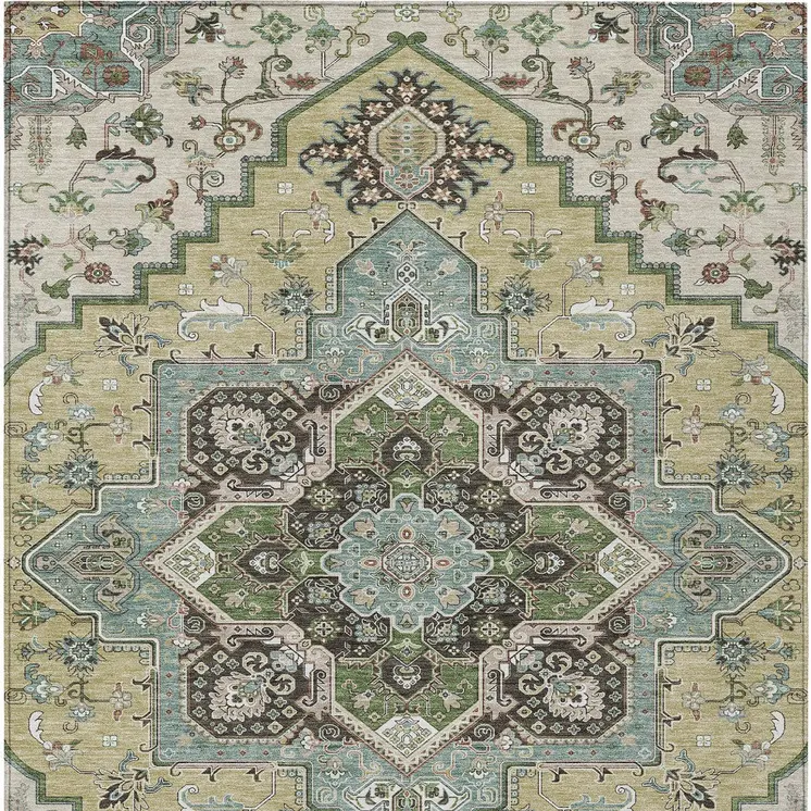 8' X 10' Beige Green And Brown Oriental Washable Indoor Outdoor Area Rug