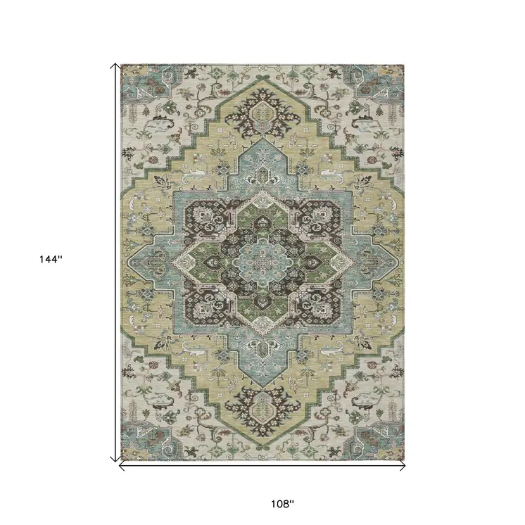 9' X 12' Beige Green And Brown Oriental Washable Indoor Outdoor Area Rug