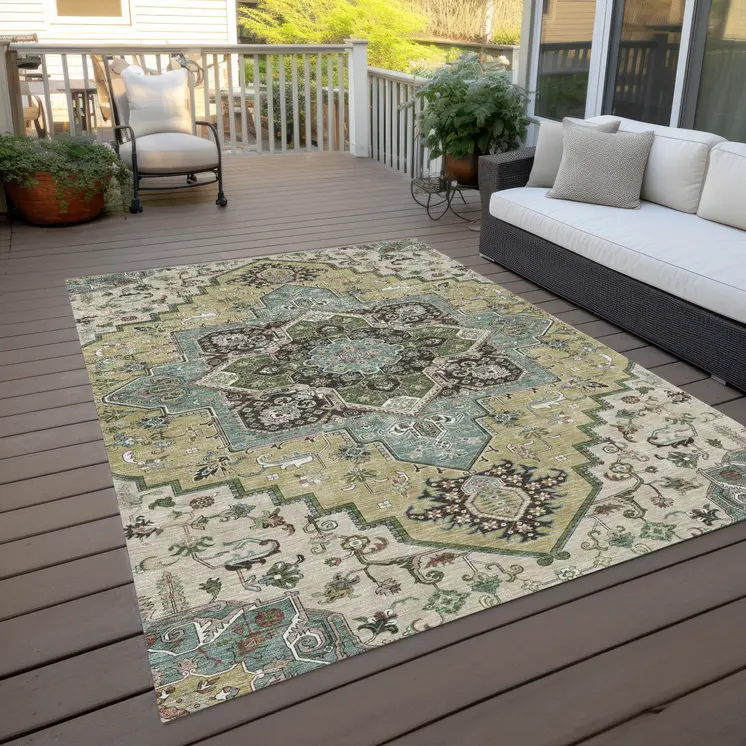 9' X 12' Beige Green And Brown Oriental Washable Indoor Outdoor Area Rug