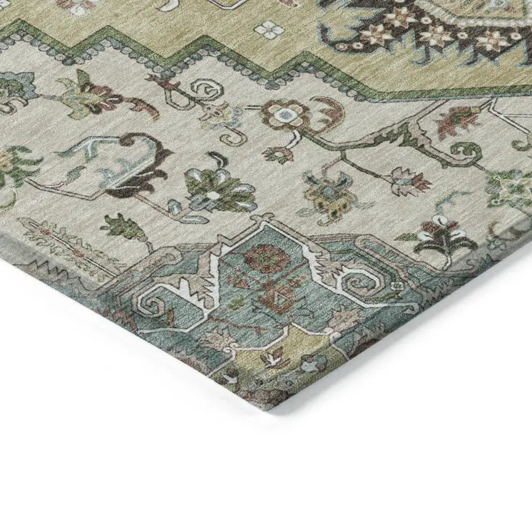 9' X 12' Beige Green And Brown Oriental Washable Indoor Outdoor Area Rug