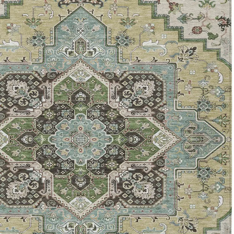 9' X 12' Beige Green And Brown Oriental Washable Indoor Outdoor Area Rug