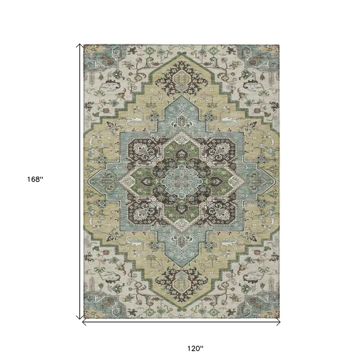 10' X 14' Beige Green And Brown Oriental Washable Indoor Outdoor Area Rug