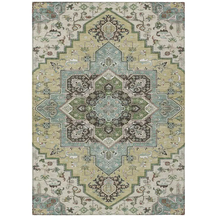 10' X 14' Beige Green And Brown Oriental Washable Indoor Outdoor Area Rug