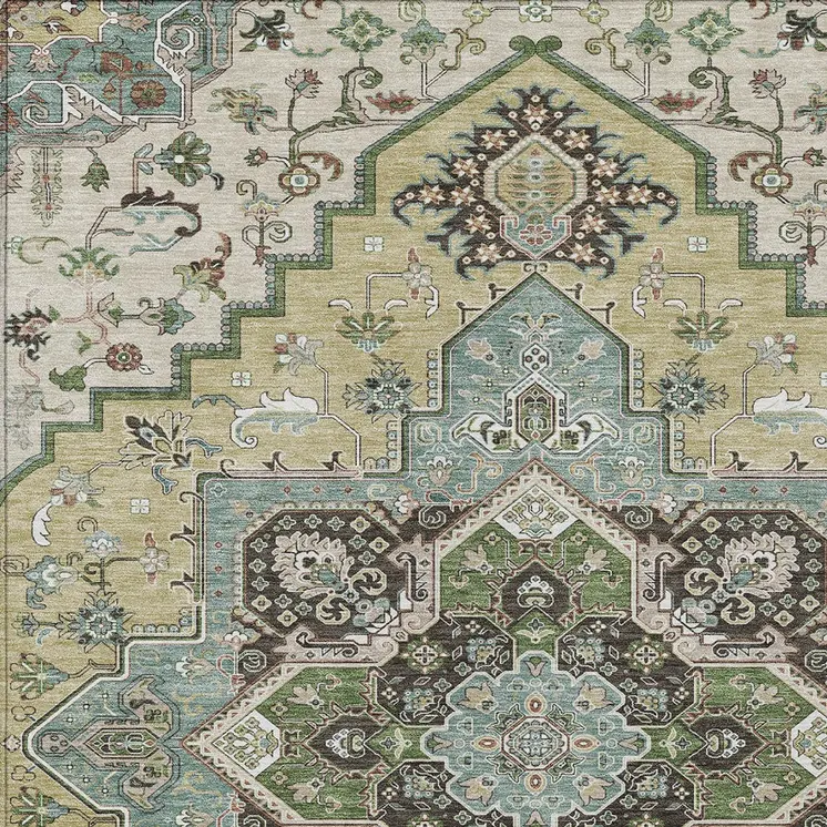 10' X 14' Beige Green And Brown Oriental Washable Indoor Outdoor Area Rug
