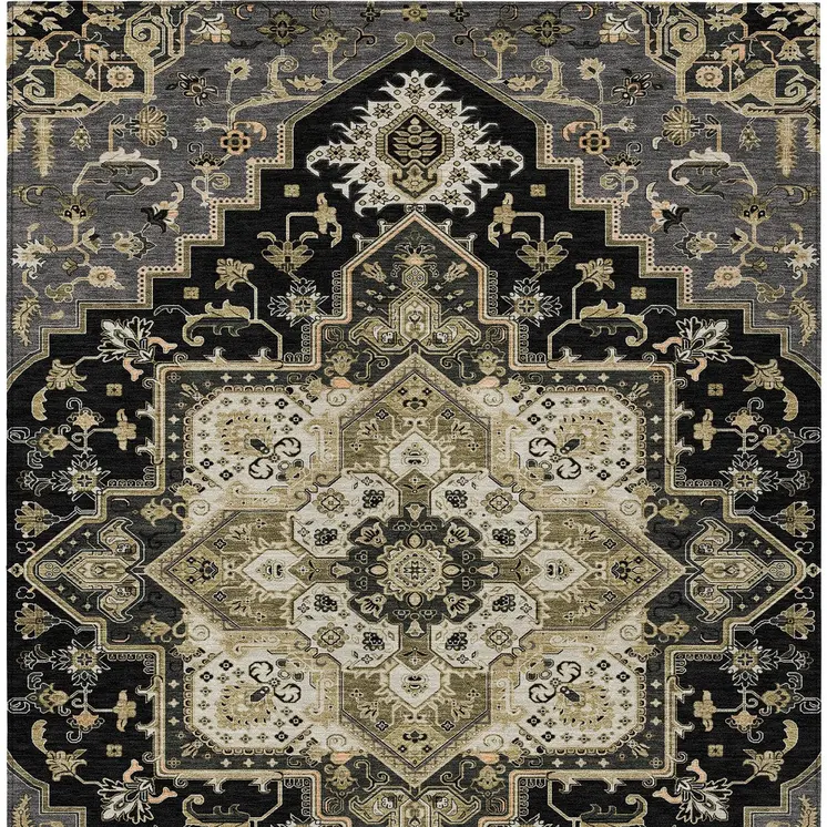 3' X 5' Black Gray And Ivory Oriental Washable Indoor Outdoor Area Rug