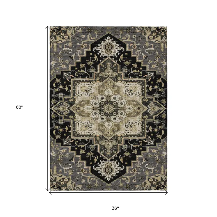 3' X 5' Black Gray And Ivory Oriental Washable Indoor Outdoor Area Rug