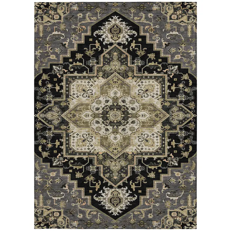 5' X 8' Black Gray And Ivory Oriental Washable Indoor Outdoor Area Rug