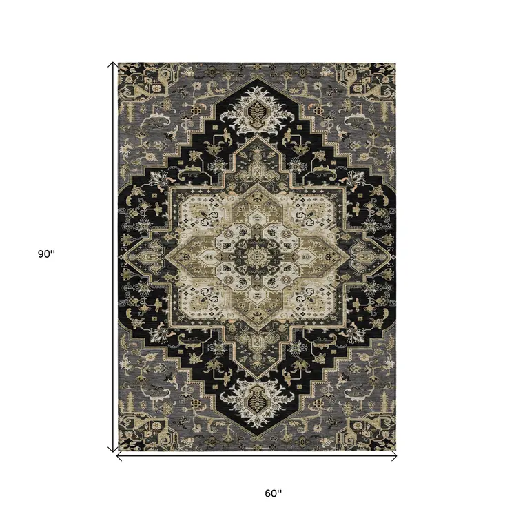 5' X 8' Black Gray And Ivory Oriental Washable Indoor Outdoor Area Rug