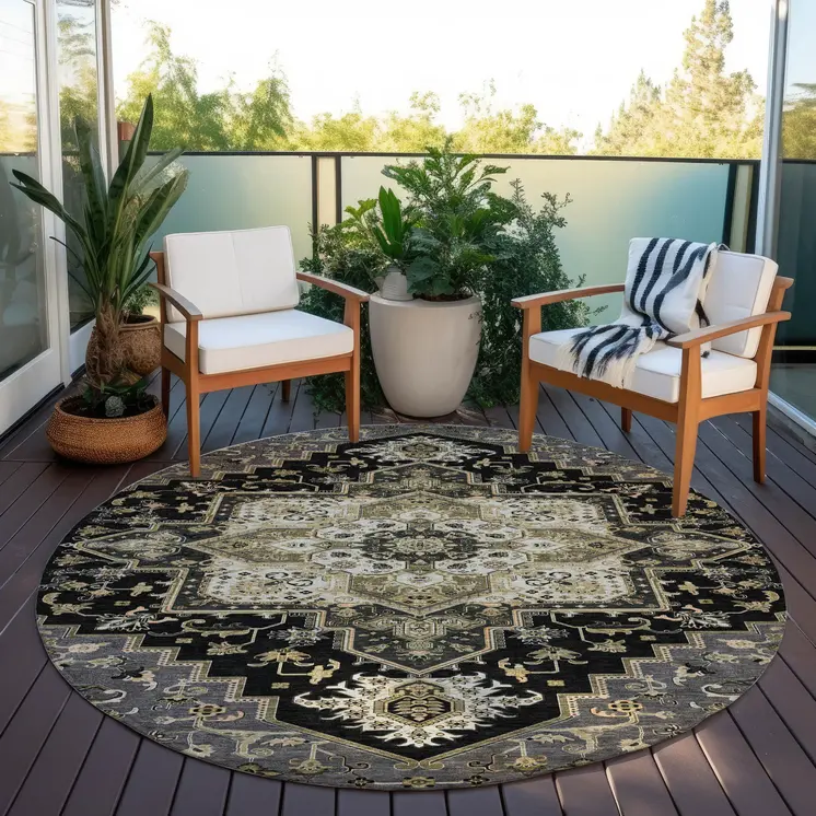 8' Black Gray And Ivory Round Oriental Washable Indoor Outdoor Area Rug