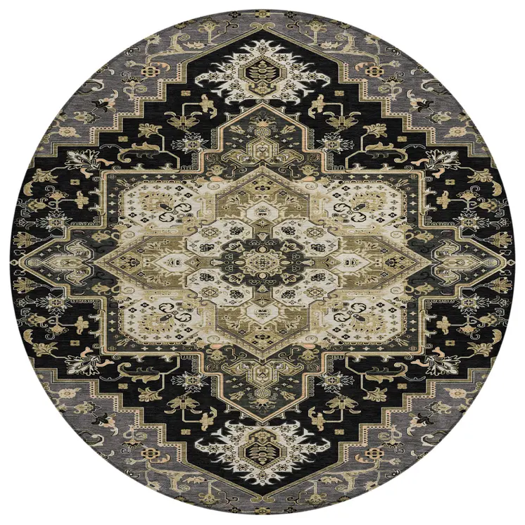 8' Black Gray And Ivory Round Oriental Washable Indoor Outdoor Area Rug