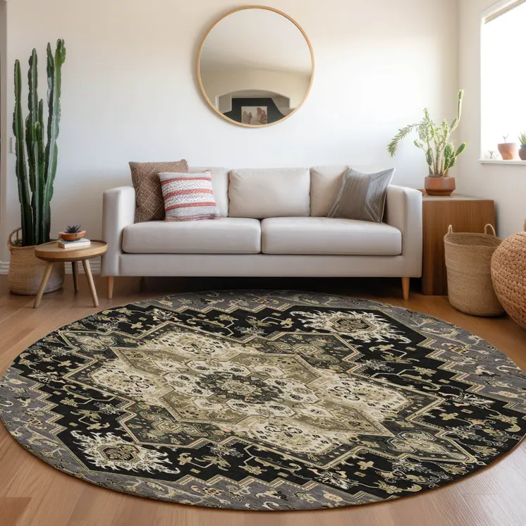 8' Black Gray And Ivory Round Oriental Washable Indoor Outdoor Area Rug