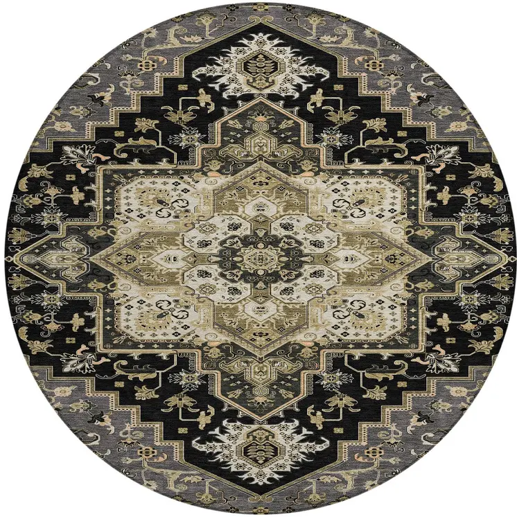 8' Black Gray And Ivory Round Oriental Washable Indoor Outdoor Area Rug