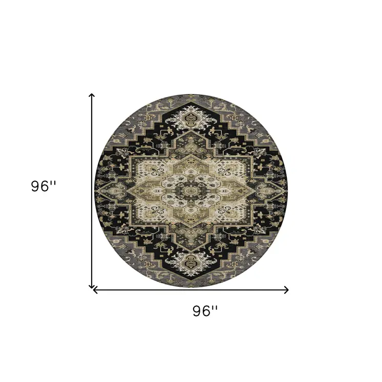 8' Black Gray And Ivory Round Oriental Washable Indoor Outdoor Area Rug