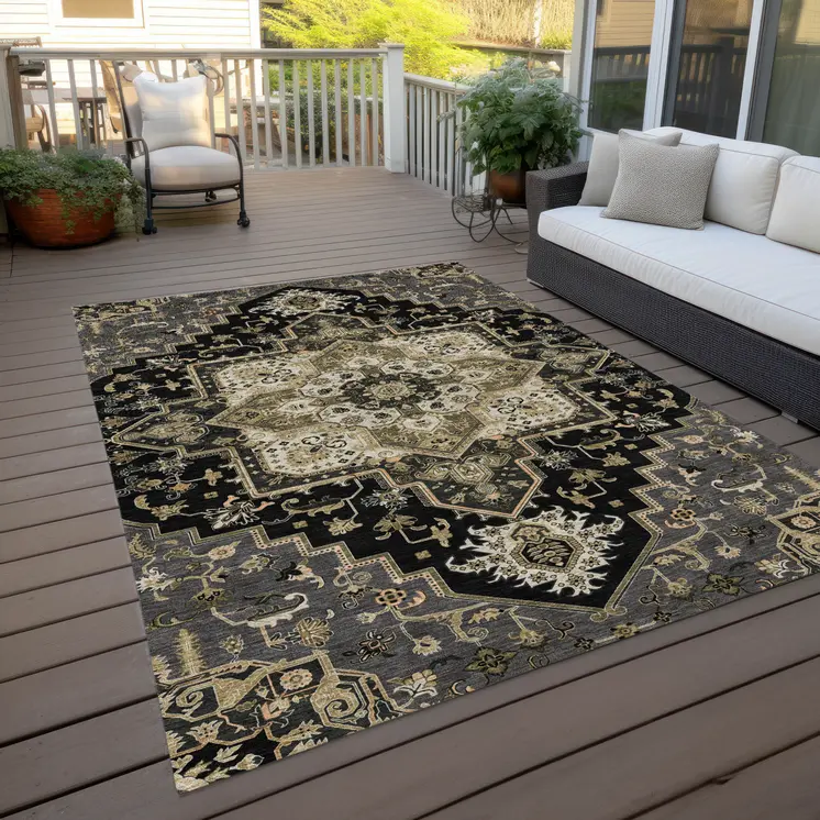 9' X 12' Black Gray And Ivory Oriental Washable Indoor Outdoor Area Rug