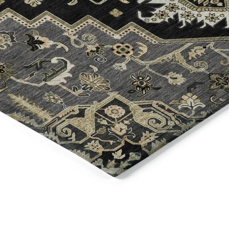 9' X 12' Black Gray And Ivory Oriental Washable Indoor Outdoor Area Rug