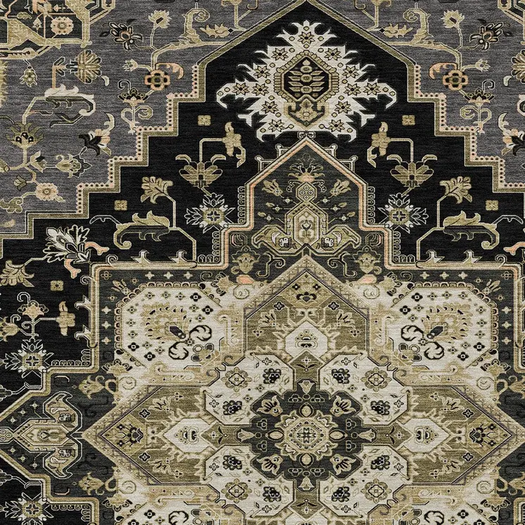 9' X 12' Black Gray And Ivory Oriental Washable Indoor Outdoor Area Rug