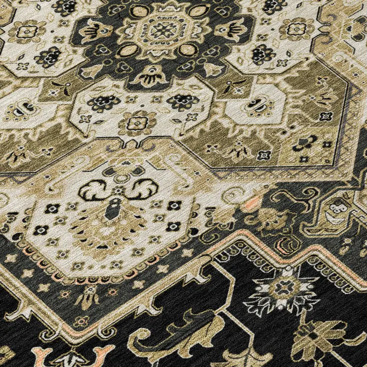 9' X 12' Black Gray And Ivory Oriental Washable Indoor Outdoor Area Rug