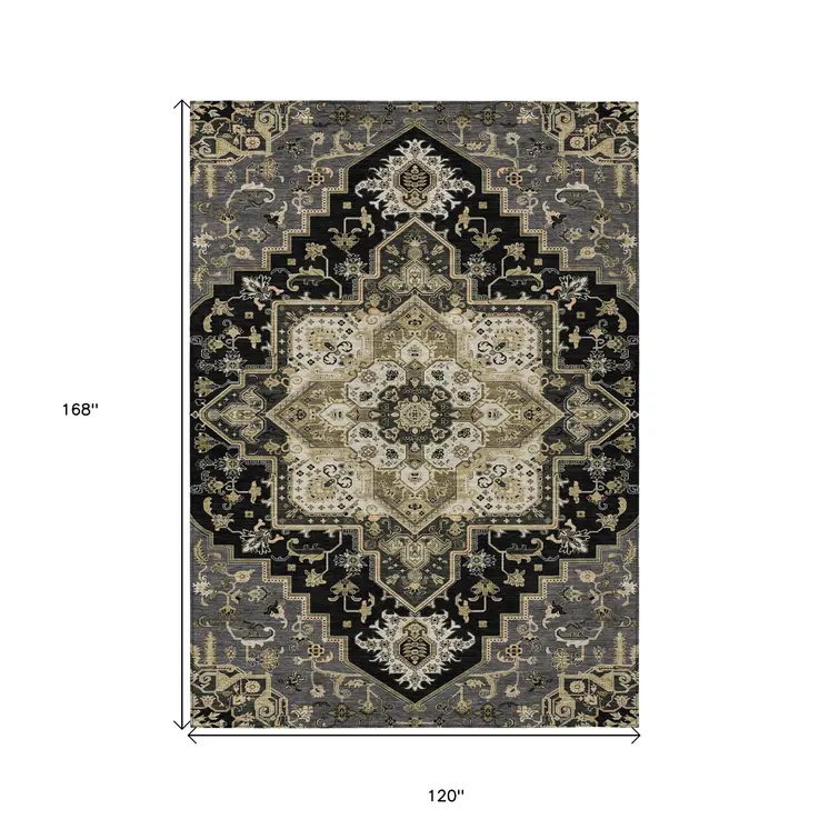 10' X 14' Black Gray And Ivory Oriental Washable Indoor Outdoor Area Rug