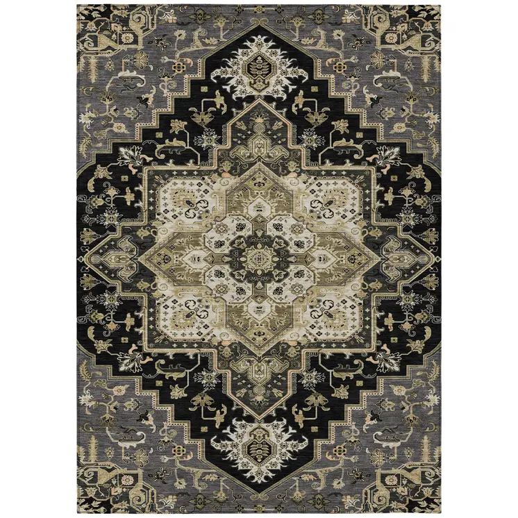 10' X 14' Black Gray And Ivory Oriental Washable Indoor Outdoor Area Rug