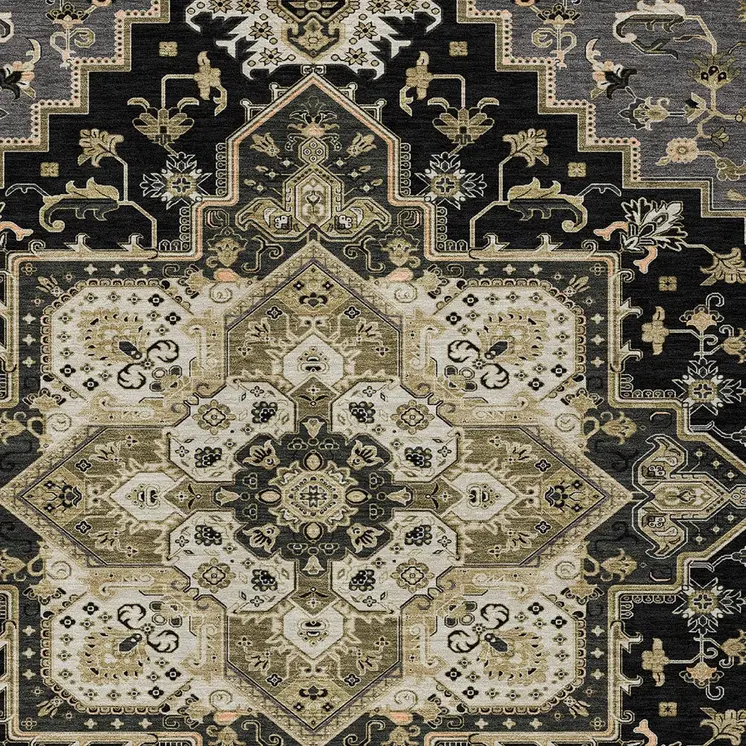 10' X 14' Black Gray And Ivory Oriental Washable Indoor Outdoor Area Rug