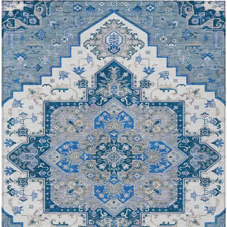 5' X 8' Blue Gray And Ivory Oriental Washable Indoor Outdoor Area Rug