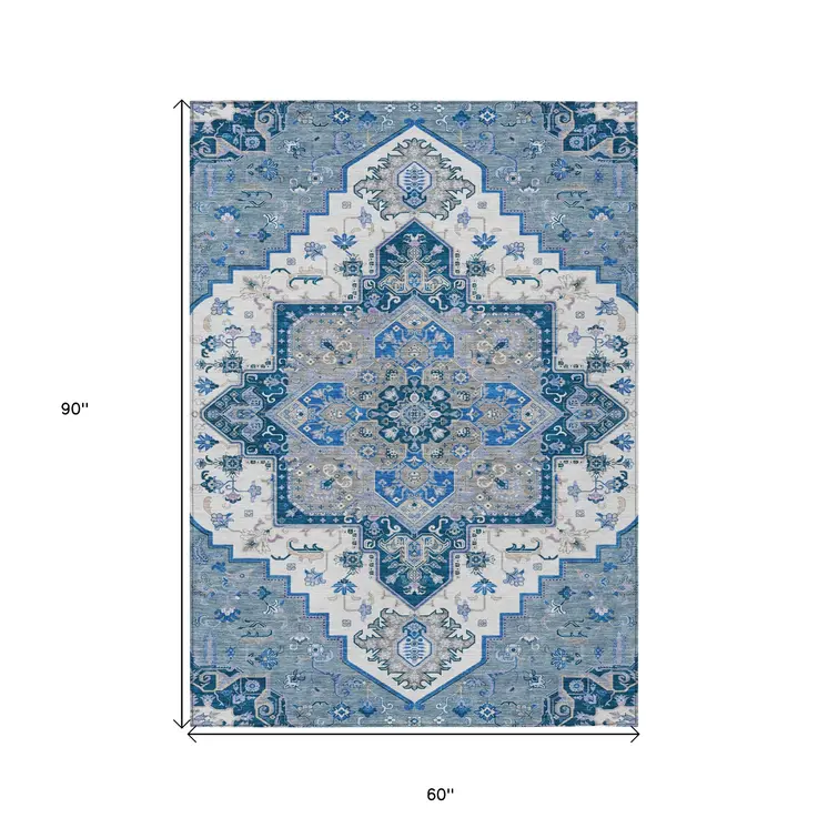 5' X 8' Blue Gray And Ivory Oriental Washable Indoor Outdoor Area Rug