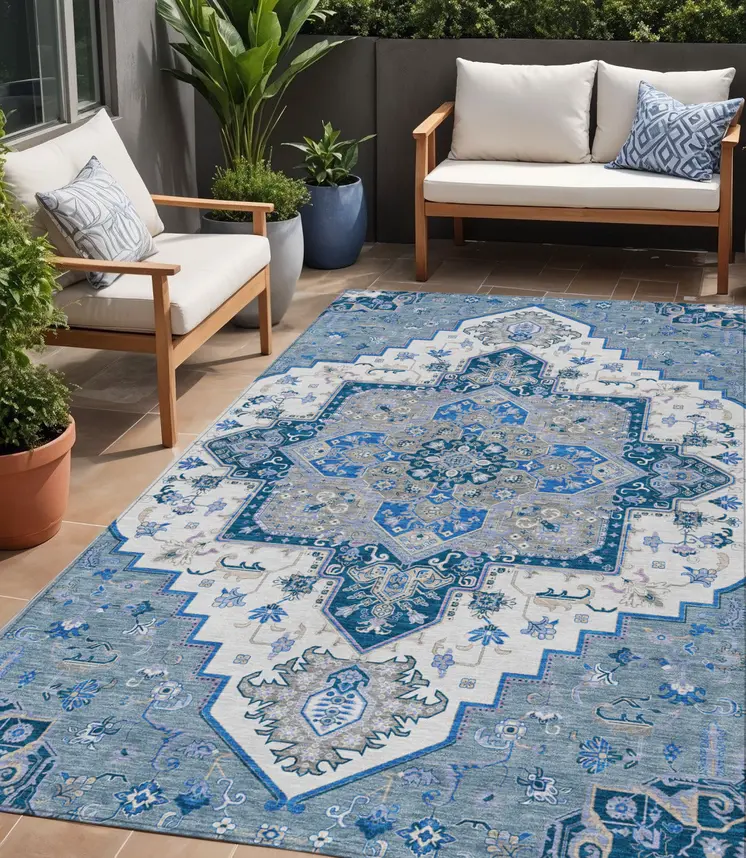 5' X 8' Blue Gray And Ivory Oriental Washable Indoor Outdoor Area Rug