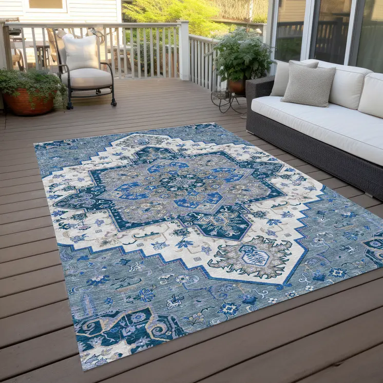 5' X 8' Blue Gray And Ivory Oriental Washable Indoor Outdoor Area Rug