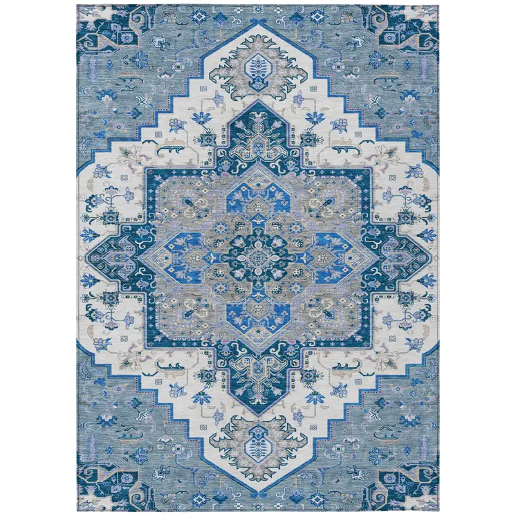 5' X 8' Blue Gray And Ivory Oriental Washable Indoor Outdoor Area Rug