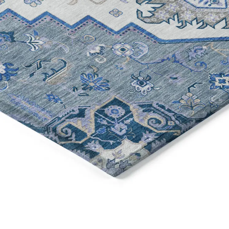 5' X 8' Blue Gray And Ivory Oriental Washable Indoor Outdoor Area Rug